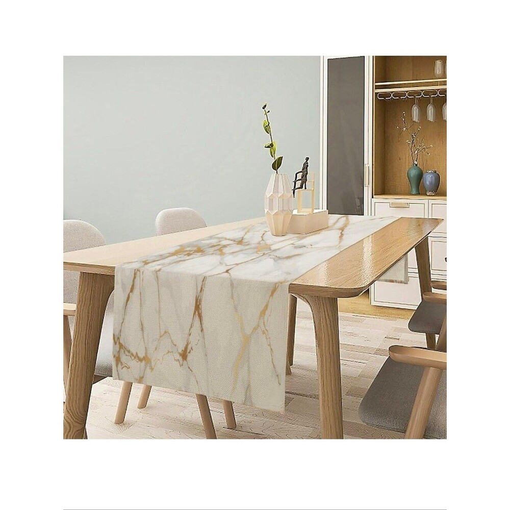 White Marble Table Runner Gold Textures Pattern Table Runner Table Cloth Decor - Picture 2 of 4